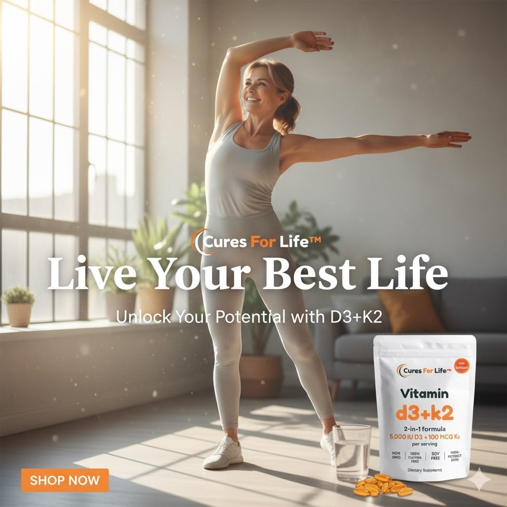 Cures For Life Vitamin D3 + K2 – 2-in-1 Dietary Supplement with Coconut Oil, 300 Softgels