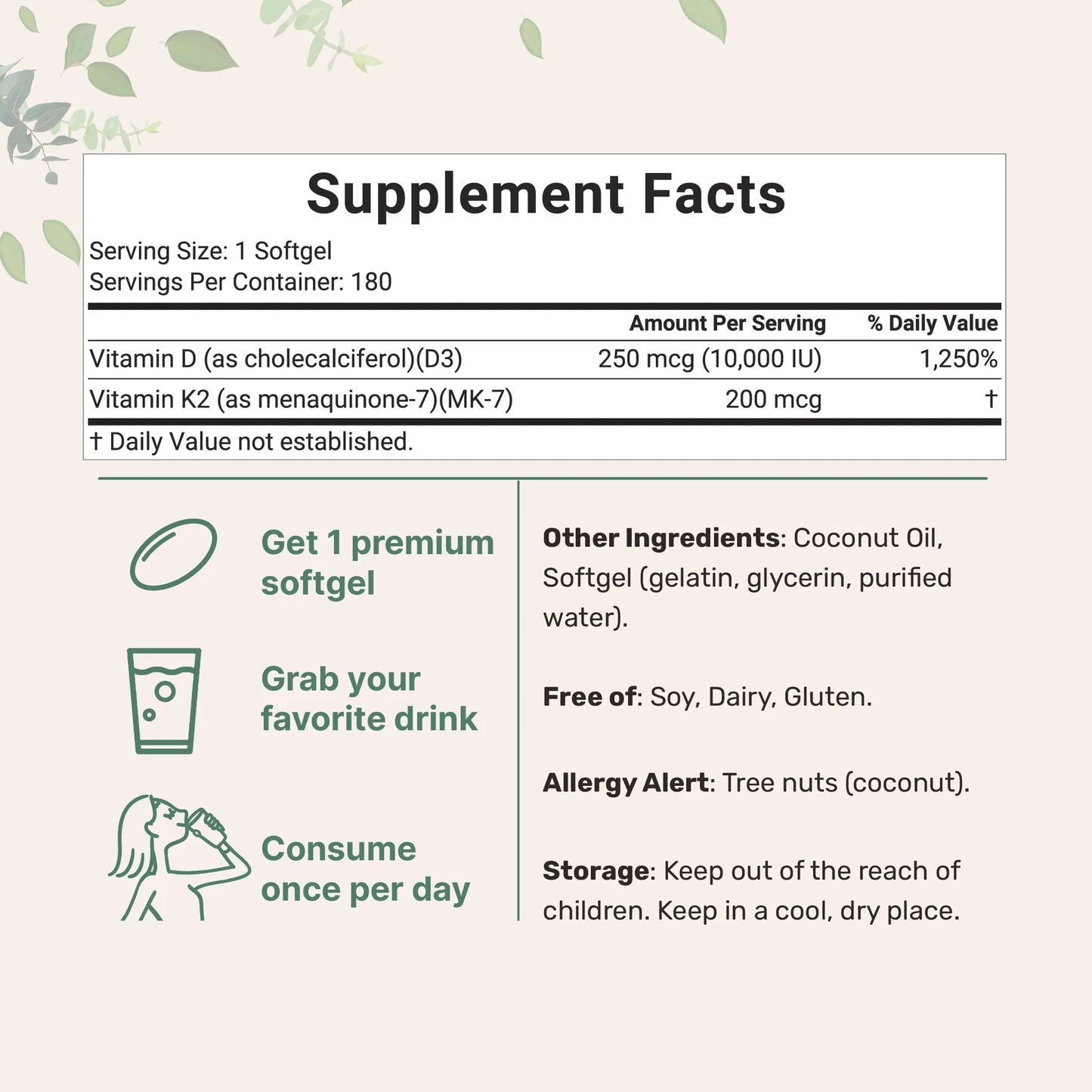 Vitamin D3 + K2 – 2-in-1 High Potency Formula – 300 Softgels