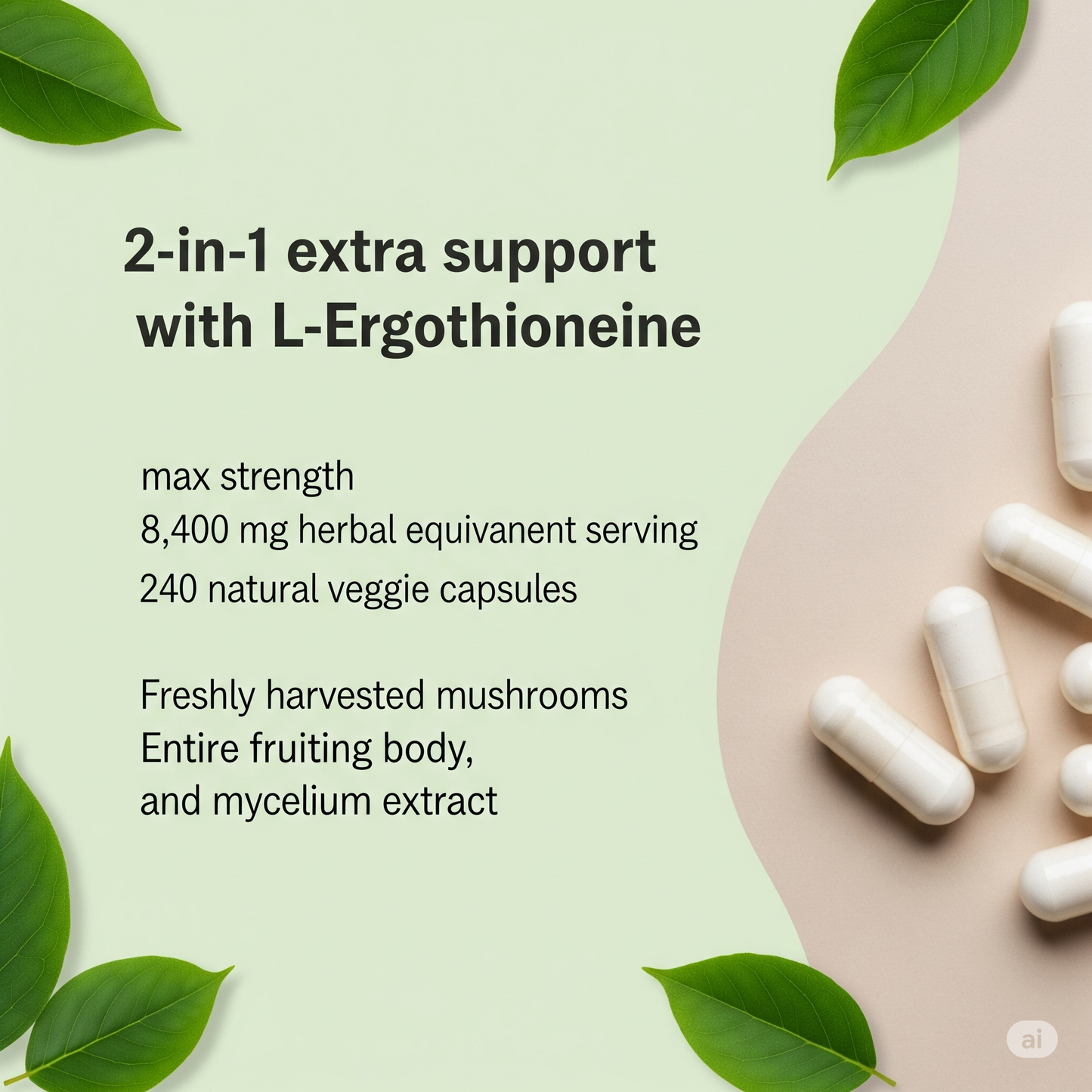 Lion’s Mane with L-Ergothioneine | 240 Vegan Capsules | 8,400 mg Herbal Equivalent | Ultra Strength Cognitive & Nerve Support Supplement