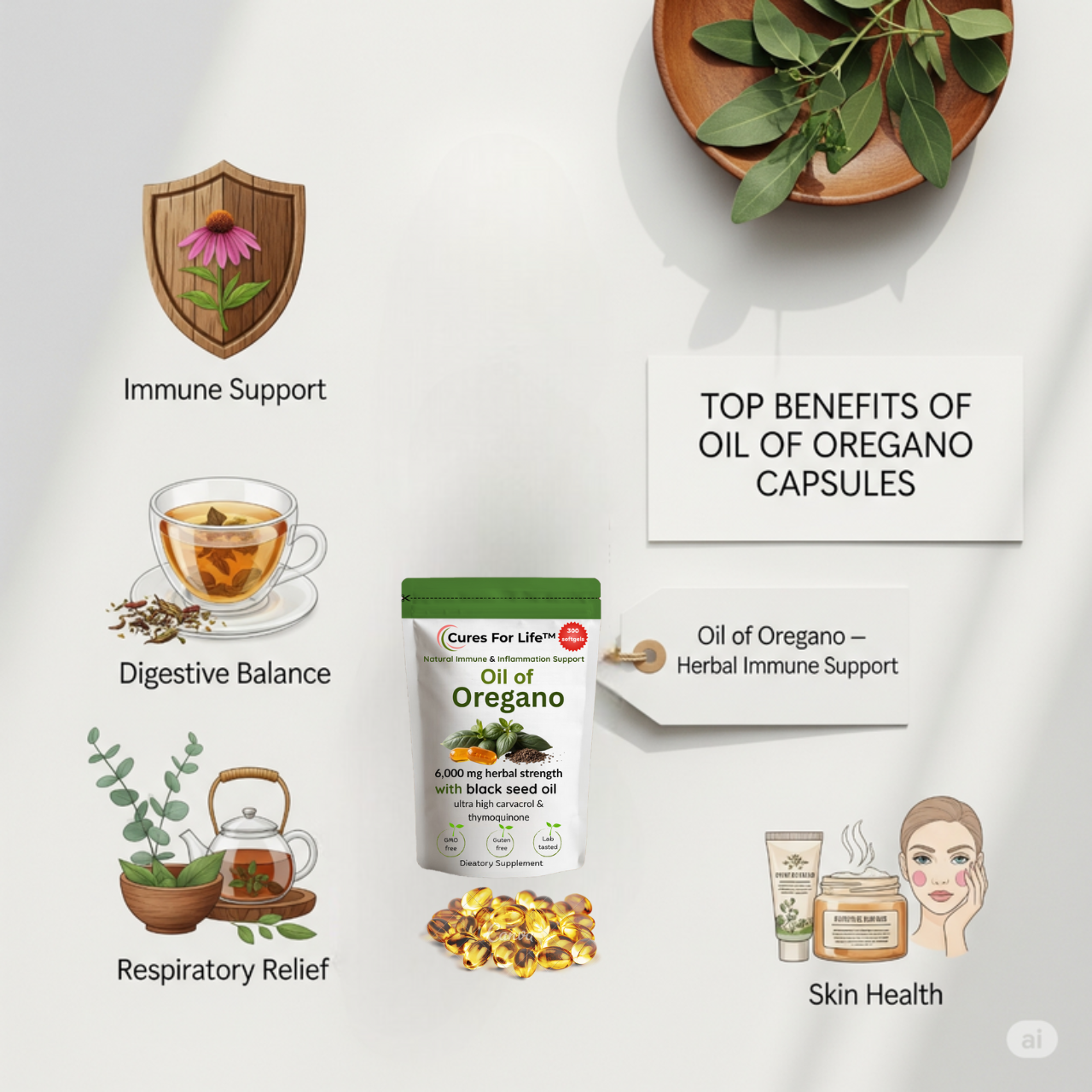 Cures For Life™ Oil of Oregano with Black Seed Oil – 300 Softgels