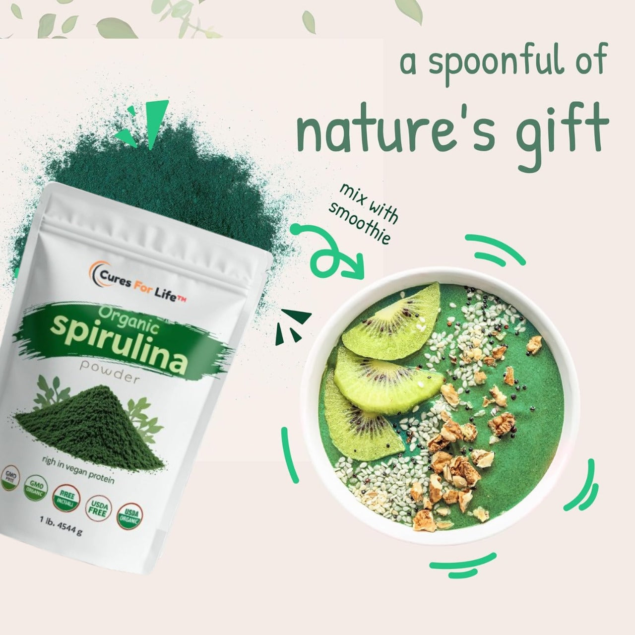Cures For Life™ Organic Spirulina Powder – 1 lb (16 oz) Superfood | Immune Support, Detox & Energy Booster | Non-GMO, Vegan, USDA Organic