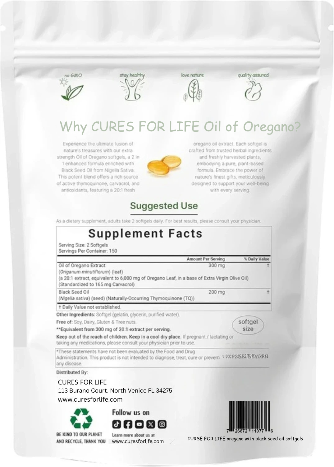 Cures For Life™ Oil of Oregano with Black Seed Oil – 300 Softgels