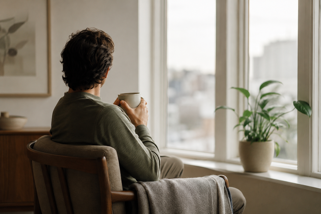 Person sitting by a window holding a mug, taking a quiet moment