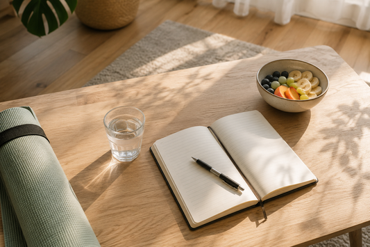 Morning table with a glass of water, open notebook, fruit and a rolled exercise mat