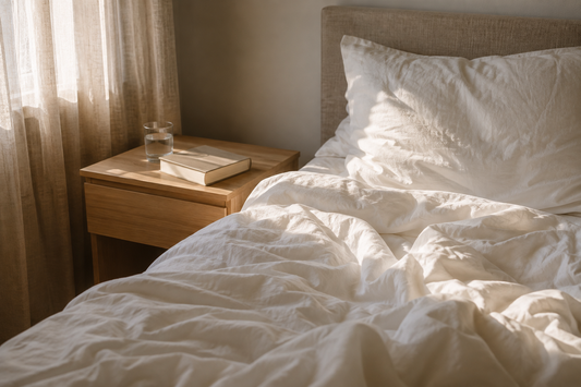 Early morning light falling across white linen bedding and a bedside table