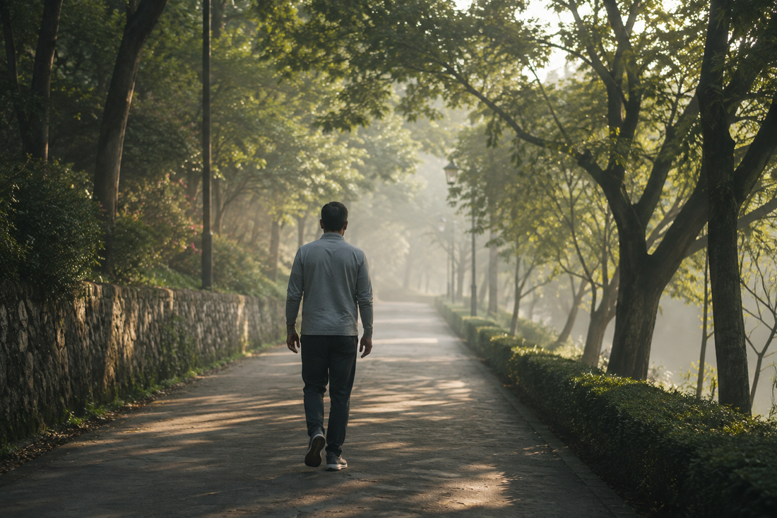 Person walking alone along a tree-lined path in early morning light