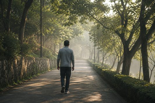 Person walking alone along a tree-lined path in early morning light