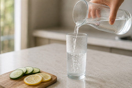 Water poured from a carafe into a glass beside cucumber and lemon slices