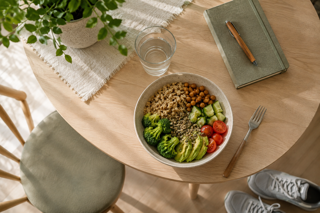 Kitchen table with a grain bowl, water, notebook and walking shoes