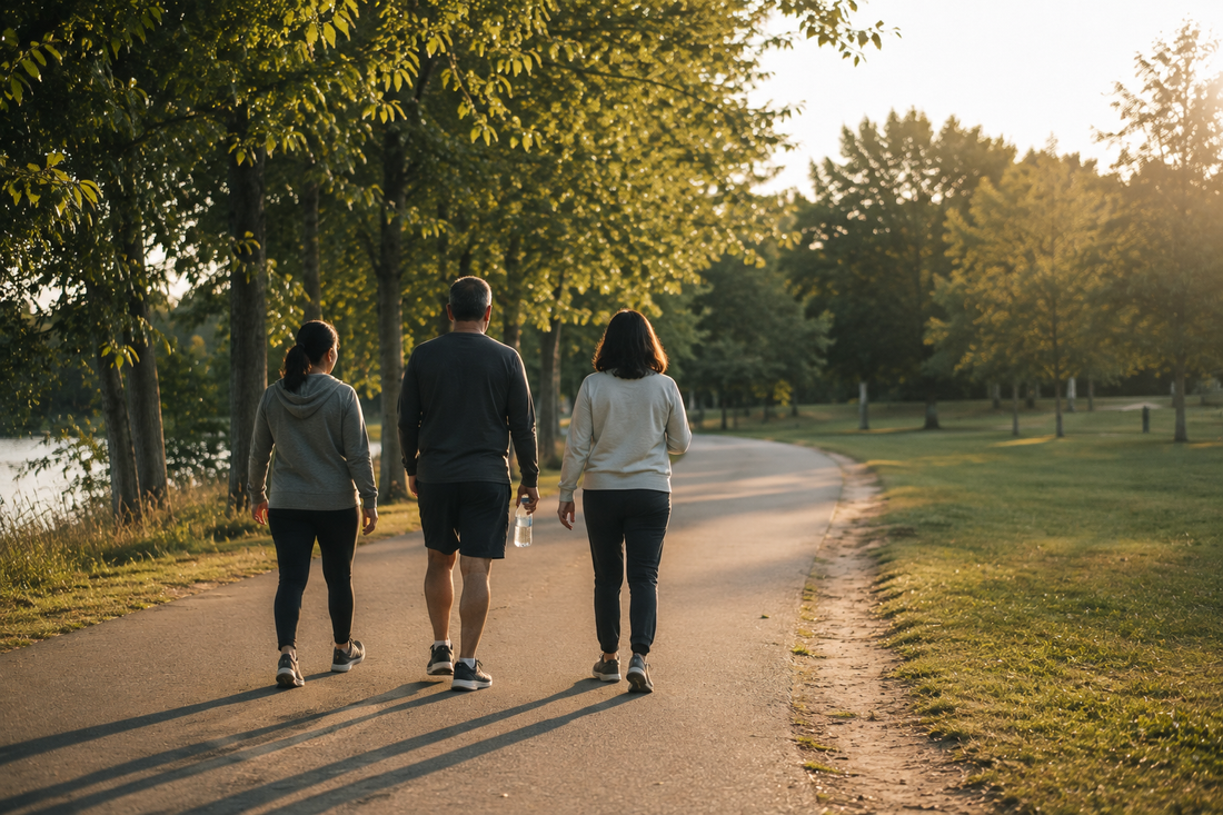 Three people walking together on a park path in afternoon light