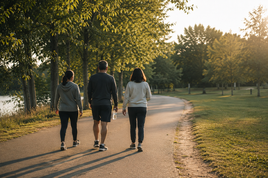 Three people walking together on a park path in afternoon light