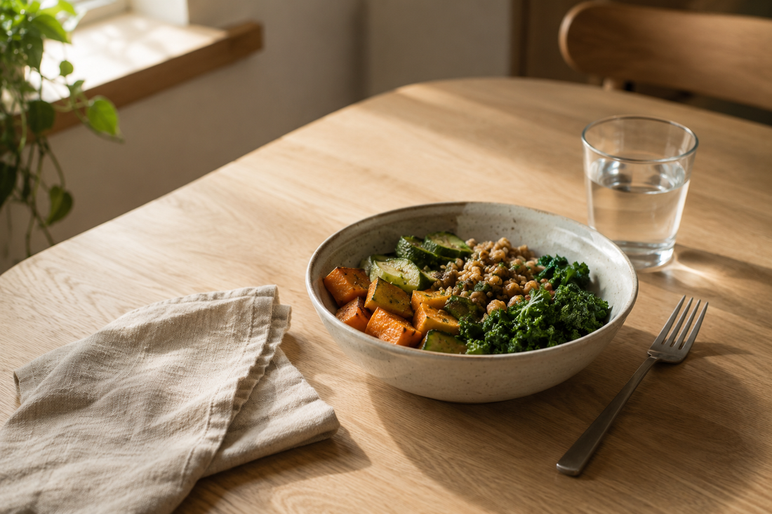 Simple home-cooked meal in a ceramic bowl on a clear wooden table