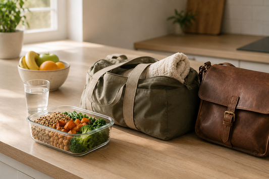Kitchen counter with a packed meal, gym bag and work satchel side by side