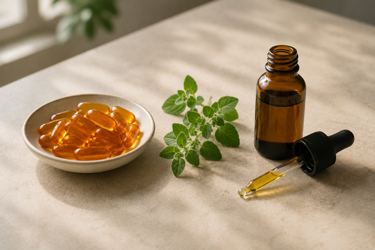 Amber softgel capsules beside a glass dropper bottle with fresh oregano