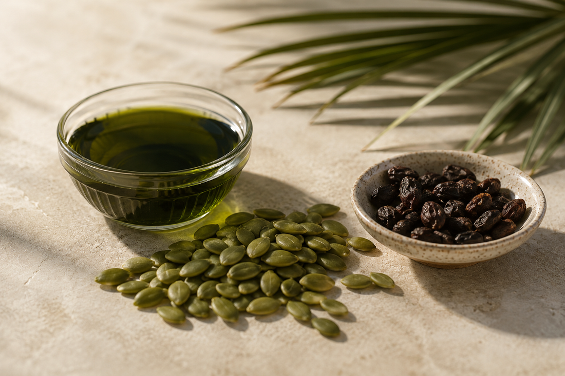Dark green pumpkin seed oil with pumpkin seeds and dried saw palmetto berries
