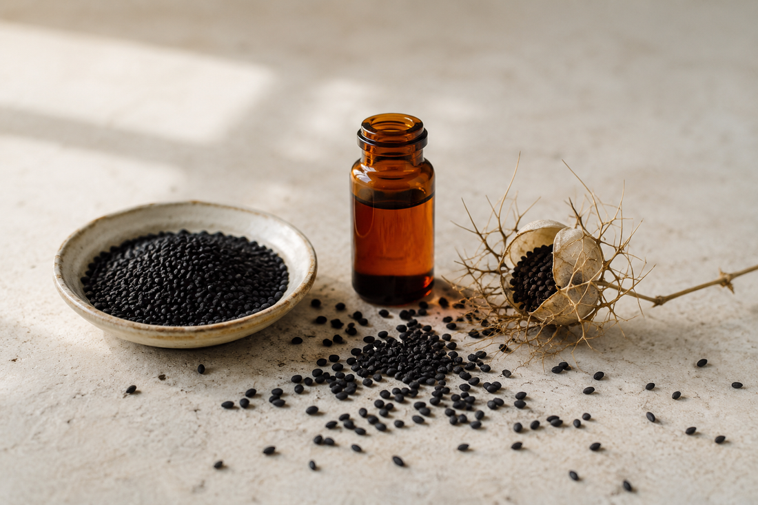 Black seed oil in a glass vial beside whole Nigella sativa seeds and a dried seed pod