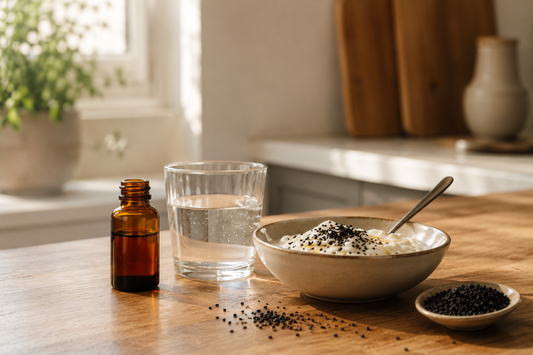 Amber bottle of black seed oil on a kitchen counter beside water and yoghurt