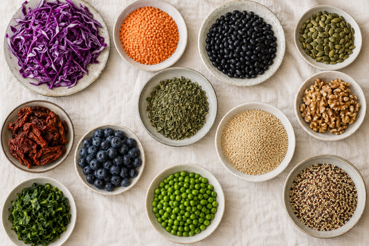 Many small dishes holding different plant foods, seeds, grains and legumes