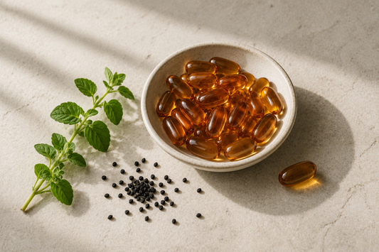 Amber softgel capsules in a ceramic dish with fresh oregano and black seeds