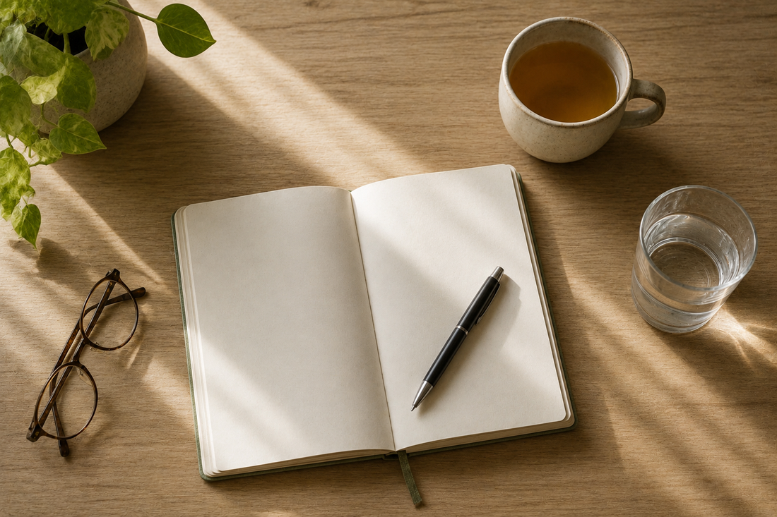 Open notebook and pen on a wooden desk with tea and water in morning light
