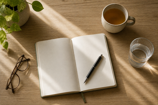 Open notebook and pen on a wooden desk with tea and water in morning light
