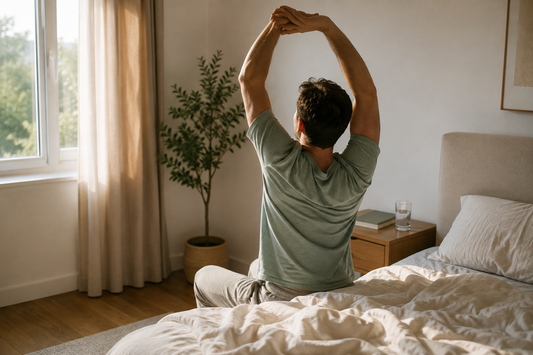 Person stretching beside a bed in early morning light