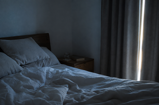 Bedroom in low pre-dawn light with linen bedding and a bedside table