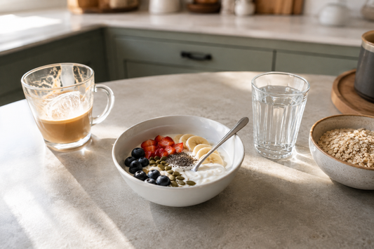 Breakfast of yoghurt, fruit and oats on a counter beside a half-finished coffee