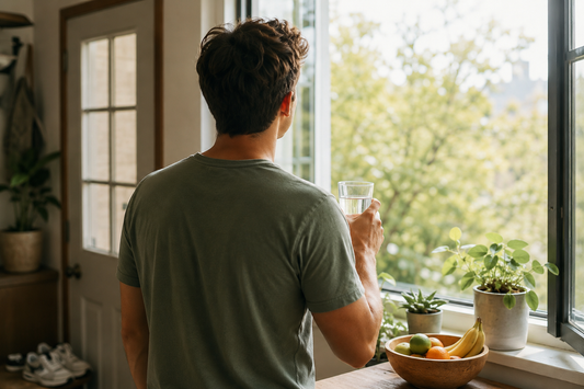 Person standing at an open window holding a glass of water in late morning light