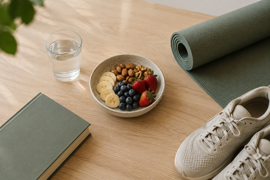 Overhead view of water, fruit, a book, an exercise mat and walking shoes on a table