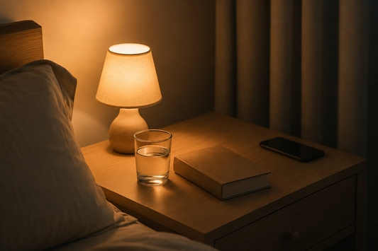 Bedside table with a warm lamp, book, water and a phone placed face down