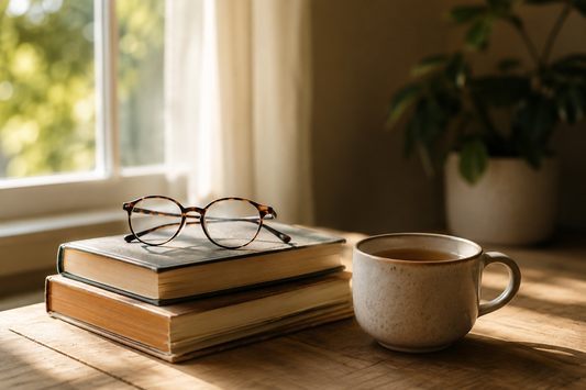 Stack of books with reading glasses and a mug of tea on a wooden table