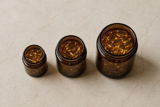 Three amber glass jars of increasing size holding softgel capsules