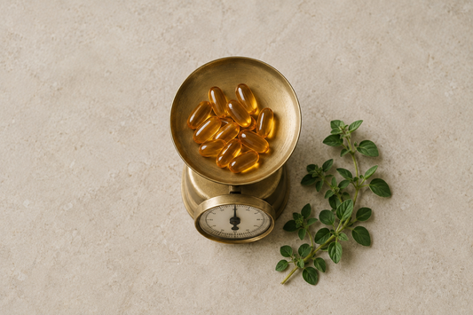 Small brass scale holding amber softgel capsules beside fresh oregano