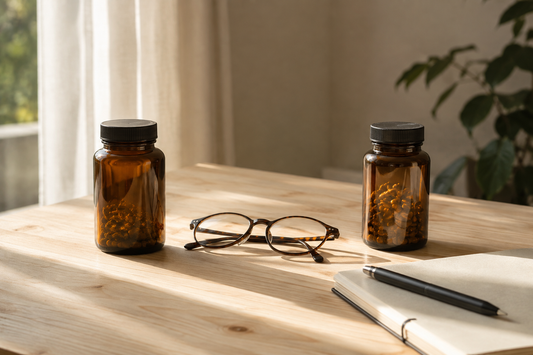 Two unlabelled amber supplement bottles on a table with reading glasses