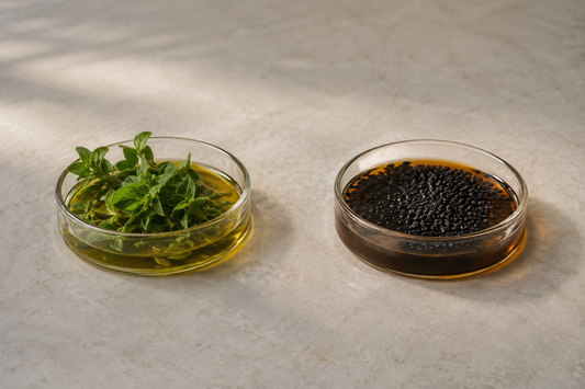 Two glass dishes on stone, one with oregano in golden oil, one with black seeds in amber oil