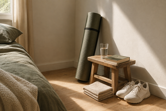 Rolled exercise mat, water, book and trainers in a bedroom corner at dawn