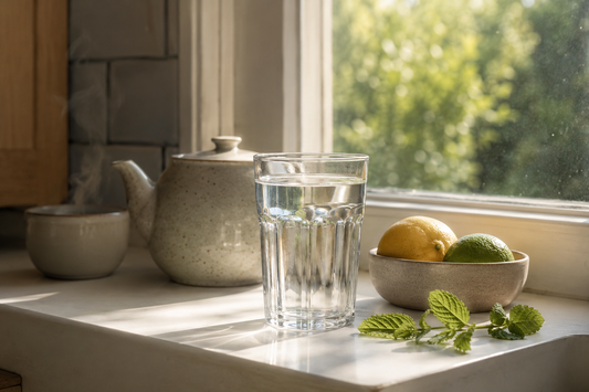 Glass of water and teapot on a sunlit kitchen windowsill