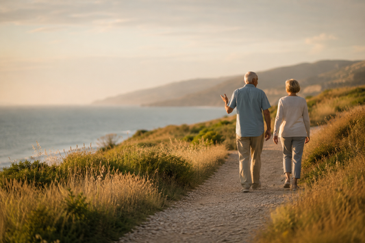 Two older people walking together along a coastal path in afternoon light