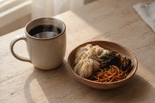 Mug of coffee beside a bowl of dried Lion's Mane, Chaga and Cordyceps mushrooms