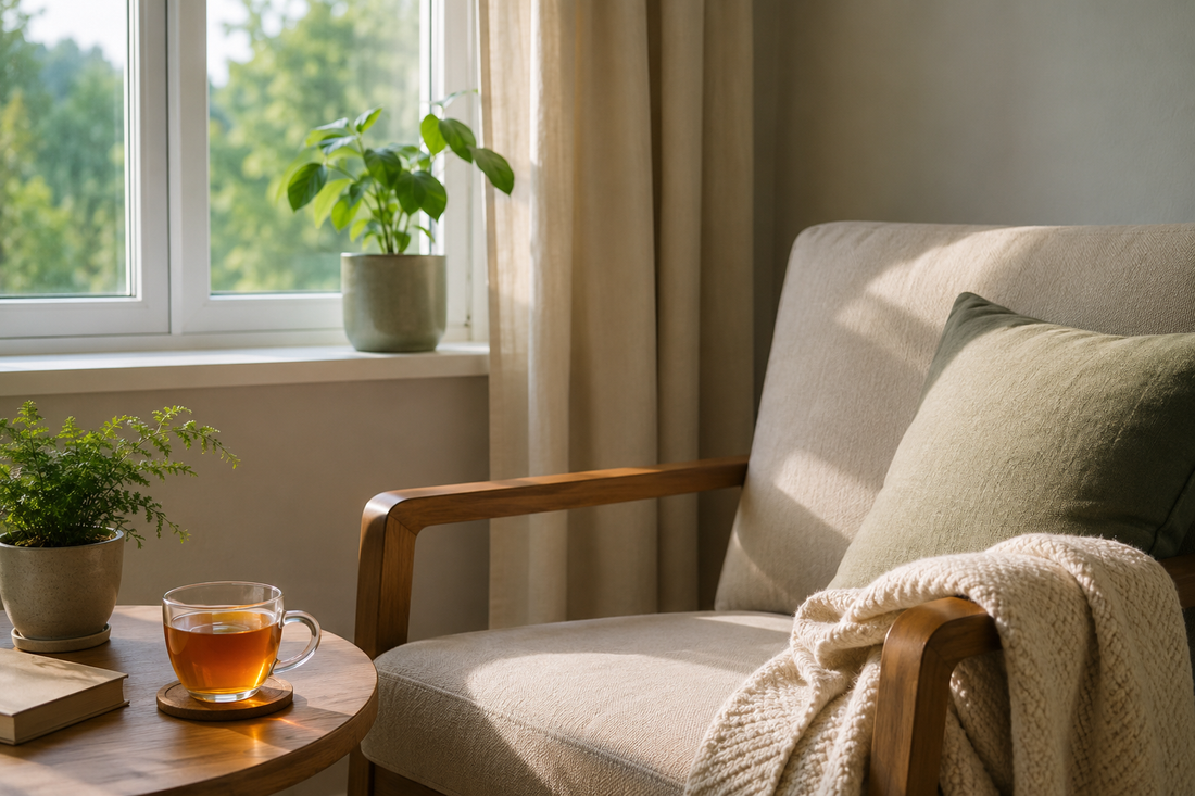 Armchair by a window with tea and a folded blanket in afternoon light