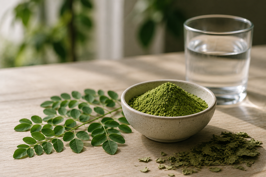 Bowl of green moringa powder with fresh moringa leaves on a wooden surface