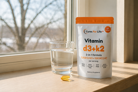vitamin pouch of golden softgel capsules on a windowsill in winter light