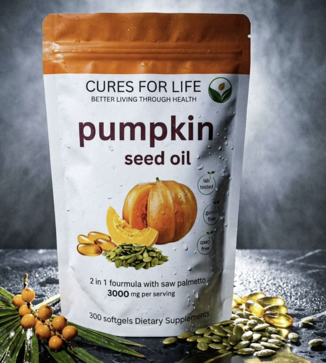 Man considering prostate health supplements holding a pouch of Cures for life pumpkin seed oil for daily wellness routine
