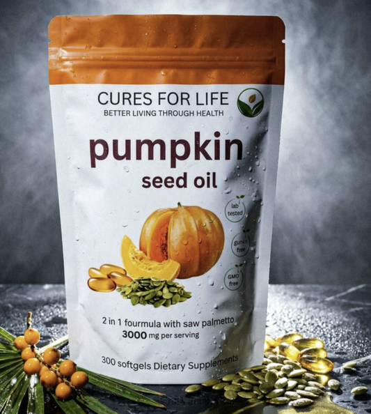 Man considering prostate health supplements holding a pouch of Cures for life pumpkin seed oil for daily wellness routine