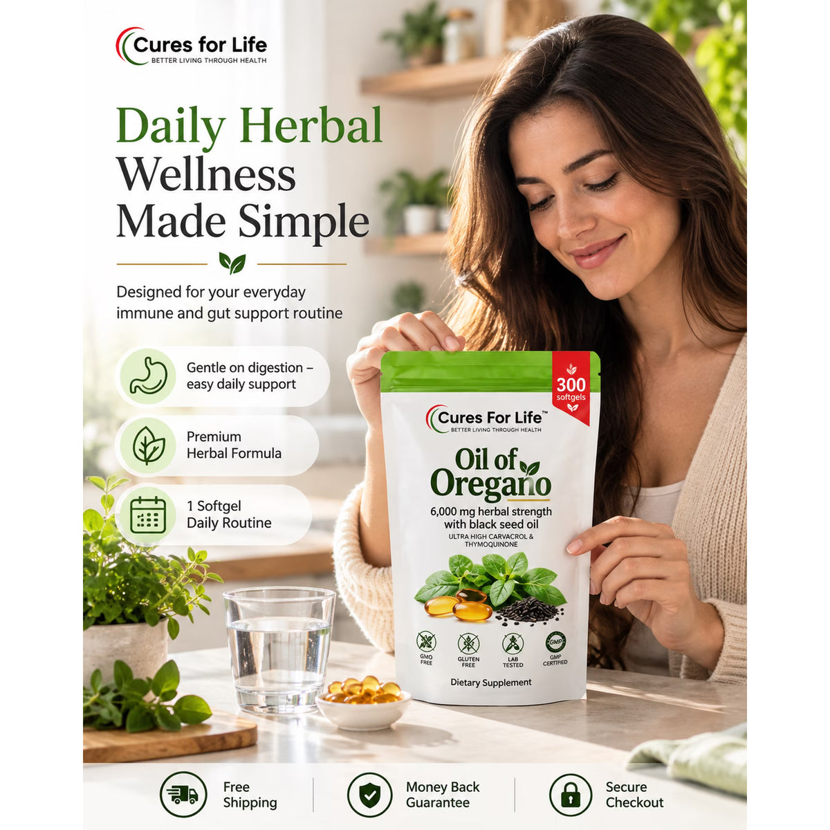 Cures For Life Oil of Oregano with Black Seed Oil 6000mg + Mushroom Coffee Bundle | 300 Softgels & 30 Servings
