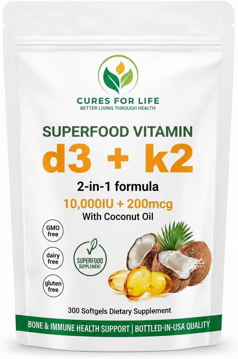 Cures For Life Vitamin D3 + K2 – 2-in-1 Dietary Supplement with Coconut Oil, 300 Softgels