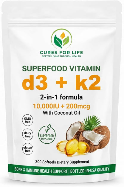 Cures For Life Vitamin D3 + K2 – 2-in-1 Dietary Supplement with Coconut Oil, 300 Softgels