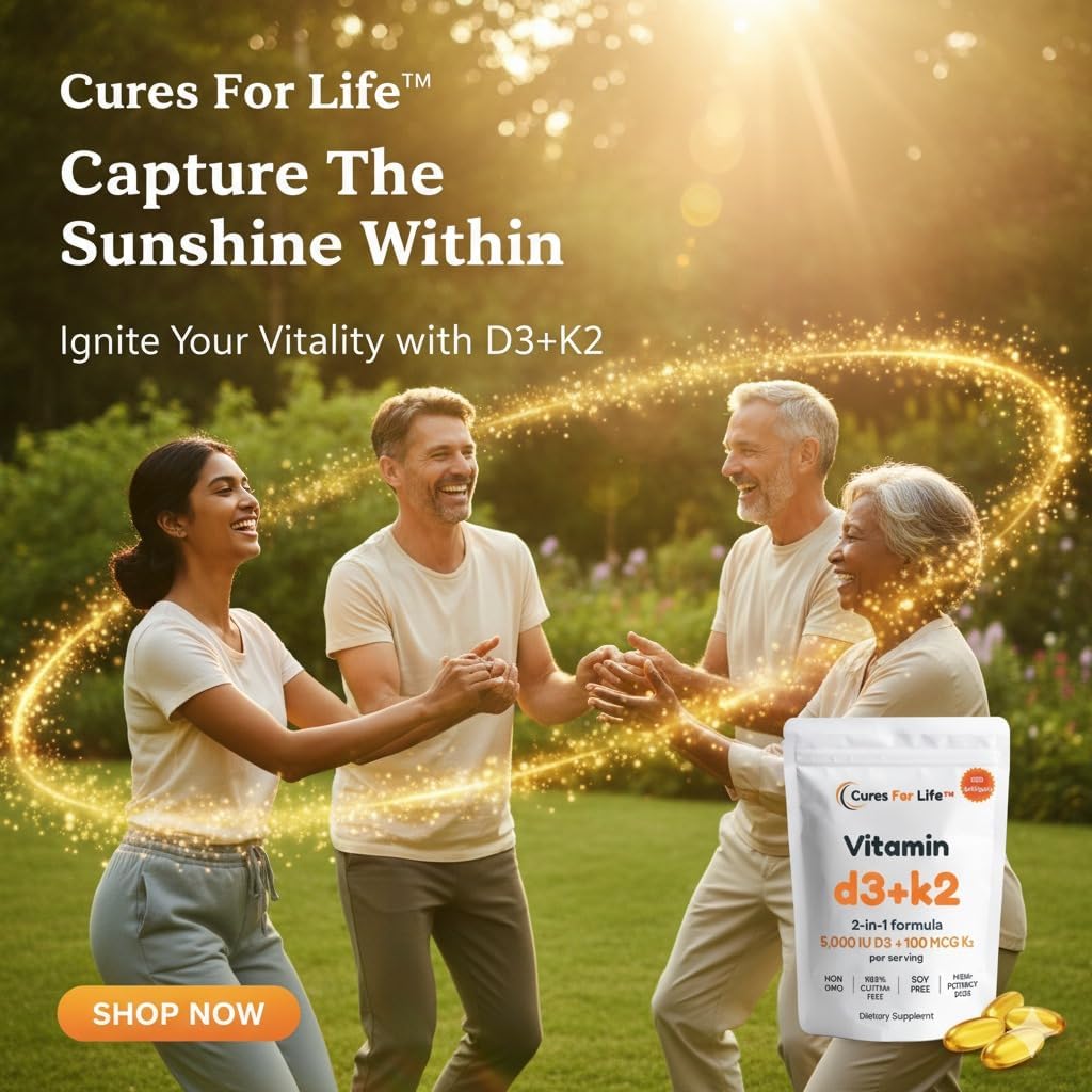 Cures For Life™ Vitamin D3 5000 IU with K2 MK-7 100mcg – Virgin Coconut Oil – 300 Softgels