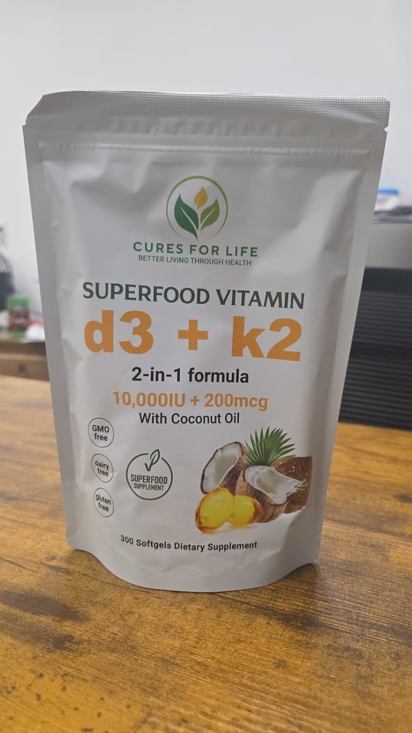 Cures For Life Vitamin D3 + K2 – 2-in-1 Dietary Supplement with Coconut Oil, 300 Softgels